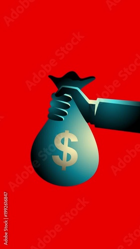 Hand grasps a heavy money bag featuring a prominent currency symbol on a vibrant background.