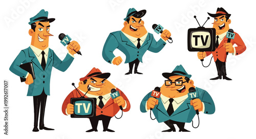 Cartoon reporters with microphones and television icons