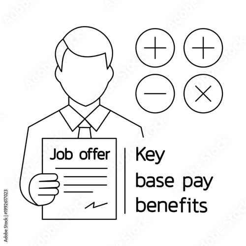Job offer compensation benefits negotiation business man icon line art.Editable stroke, Vector illustration, Line art Icon, Symbols.