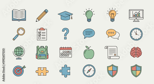 Education Icons Set: Knowledge, Learning, and School Supplies Collection