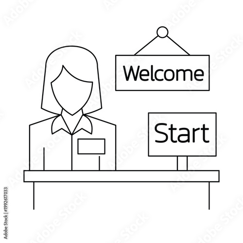 New employee onboarding welcome desk start work icon line art.Editable stroke, Vector illustration, Line art Icon, Symbols.