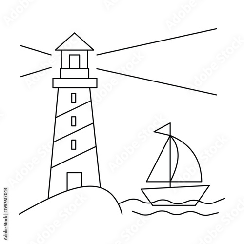 Lighthouse guiding sailboat leadership coaching business vision icon.Editable stroke, Vector illustration, Line art Icon, Symbols.