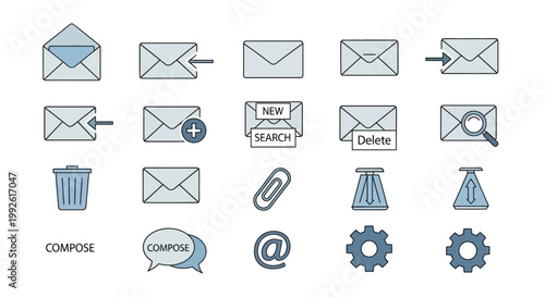 Email Icons Set: Compose, Inbox, Search, Delete, Attach, Settings, Trash