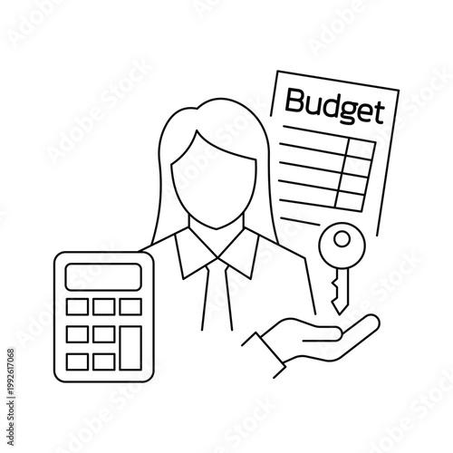 Budget management financial planning key to success calculator icon.Editable stroke, Vector illustration, Line art Icon, Symbols.