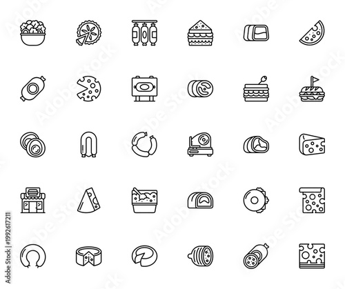 Deli_8139 icon set. Sandwich, salad, quiche, salami, cheese, sausage, meat slicer and more. Editable vector food collection.