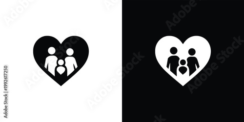 Black and white heart shaped family on contrasting backgrounds symbol