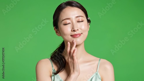 Young Asian Woman Touching Face, Glowing Skin, Green Screen Background