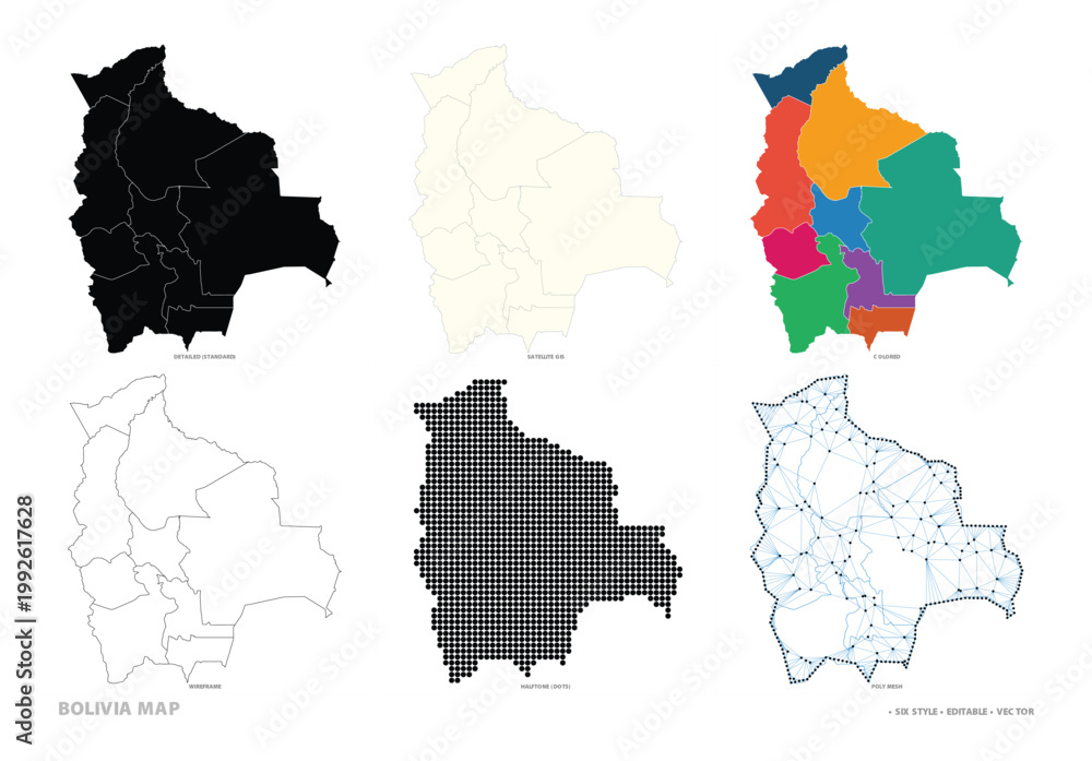 Obraz premium A collection of Bolivia maps in various styles including detailed outline, colored, halftone, and polymesh vector illustrations.