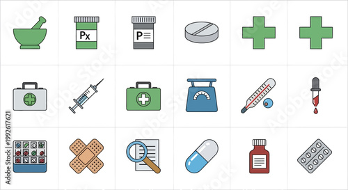 Medical Icons Set: Pharmacy, Healthcare, and Medicine Symbols