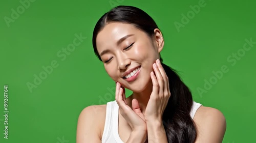Young Asian Woman With Perfect Skin Smiling With Eyes Closed Touching Face