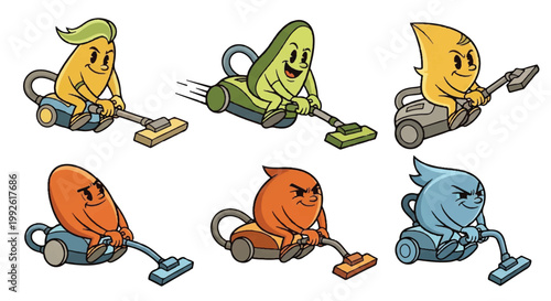 Cartoon fruits riding vacuums isolated on white