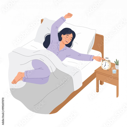Woman stretches in bed, reaching for alarm clock on nightstand in morning.