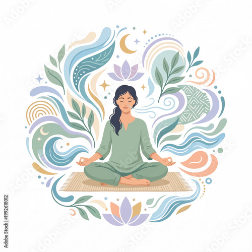 A serene woman meditates cross-legged on a mat surrounded by swirling lines and leaves in pastel shades against a white background.