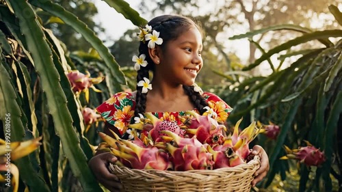 Young girl with flowers in hair holding basket of dragon fruit in tropical garden