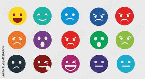 Set of Colorful Emotion Faces Icons - Happy, Sad, Angry, Surprised, Winking Emoticons