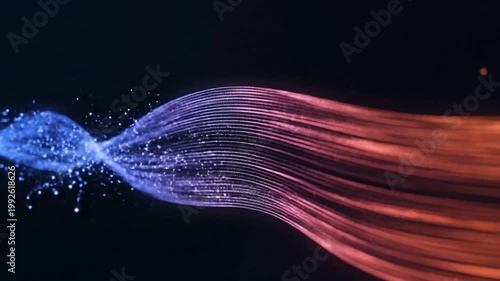 Abstract blue and purple particles forming a digital wave and grid on black background