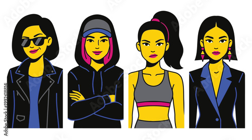 Four diverse women characters illustrating different modern female styles and professions, including a biker, a casual person, an athlete, and a businesswoman.