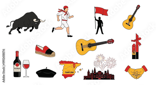 Spanish Culture Icons: Bull, Guitar, Flag, Wine, Map, Fiesta, Food