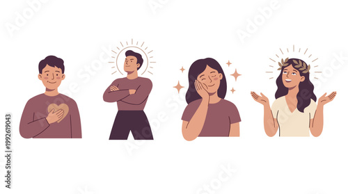 Vector illustrations depicting various positive human emotions including self-love, confidence, joy, and success, highlighting mental health concepts.