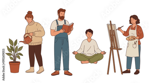 Diverse group of people enjoying various relaxing hobbies and leisure activities like gardening, reading, meditating, and painting.