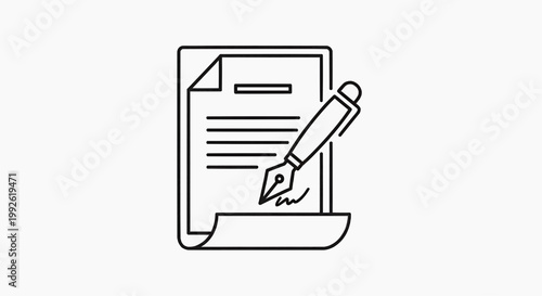 Professional icon depicting a formal document being signed with an elegant fountain pen, symbolizing agreement, contract execution, and official authorization