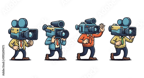 Cartoon characters with camera heads in various poses