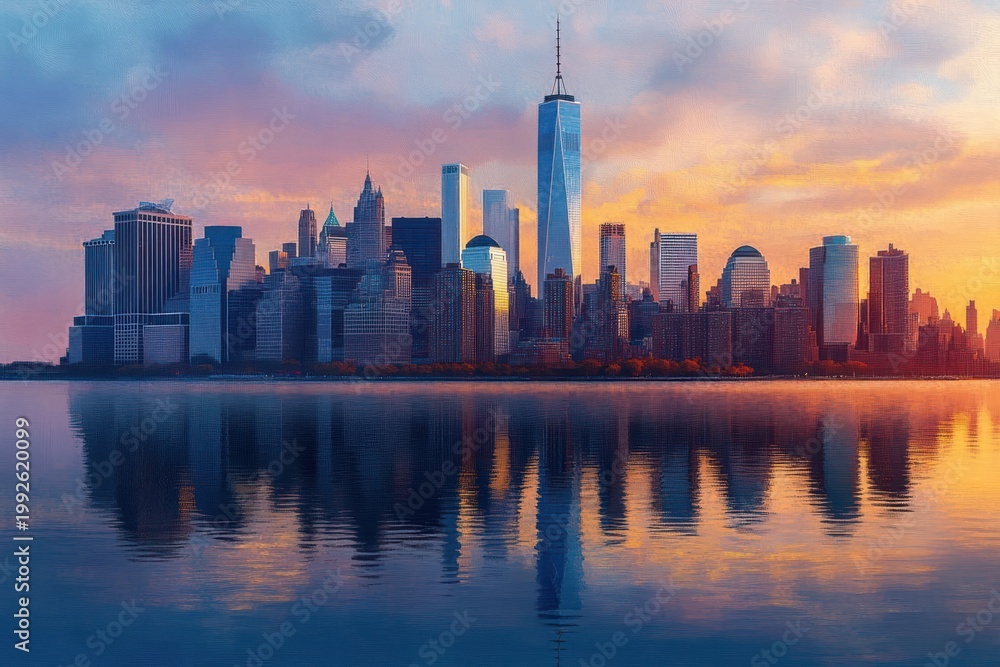Obraz premium Golden sunrise over a modern city skyline with a prominent glass tower and calm river reflecting colorful pastel sky, serene and peaceful mood
