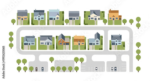 Aerial view of a suburban neighborhood with houses and streets.