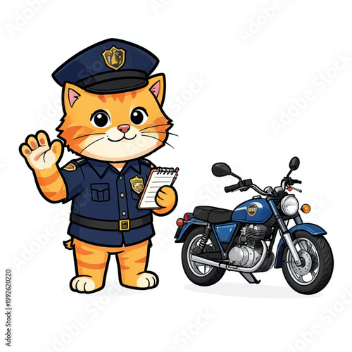 Fluffy Orange Tabby Police Cat with Notebook and Toy Motorbike, Kids Vector Art