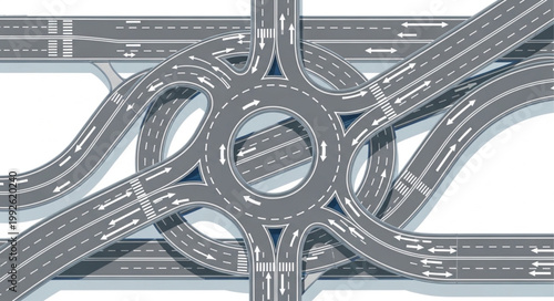 Complex highway interchange with multiple lanes and traffic flow.
