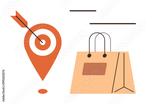 E-commerce, delivery services, shopping, navigation, online stores, customer convenience. A geolocation pin with an arrow next to a shopping bag. E-commerce and delivery services