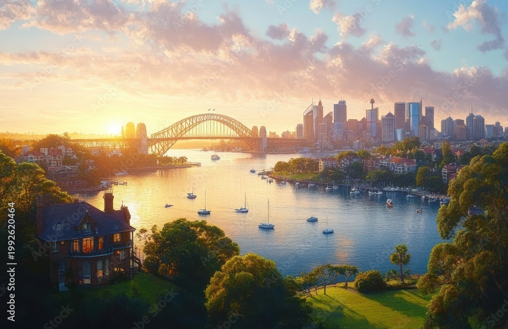Fototapeta premium golden sunrise over a calm harbor with an arched steel bridge, city skyline, sailboats, waterfront houses and lush green park, serene and peaceful