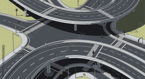 Modern highway interchange with multiple levels and ramps.