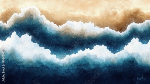 tranquil watercolor seascape with layered deep blue waves, white foam and sandy shoreline on textured paper evoking calm serenity