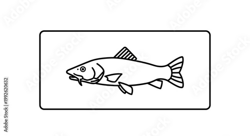 Simple line art icon of a fish with whiskers, isolated on white background