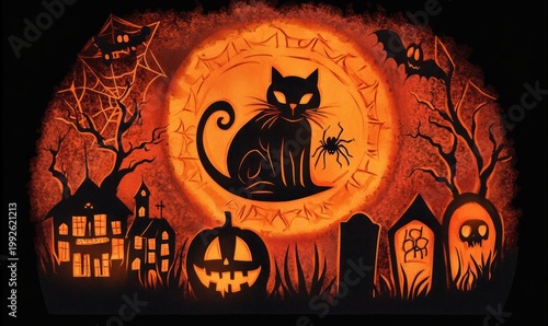 eerie halloween night: black cat with a spider silhouetted on a glowing orange moon above a jack-o'-lantern, haunted house, graves, bats, cobwebs and twisted trees