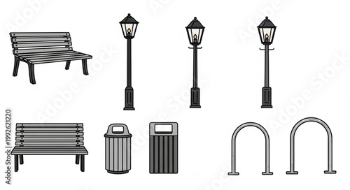 Park elements including benches streetlights and trash cans.
