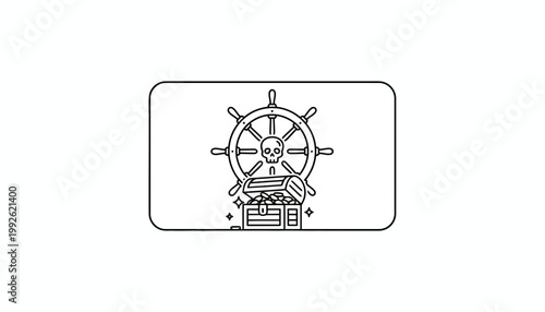 Pirate Treasure Chest and Ship Wheel Icon - Vector Illustration