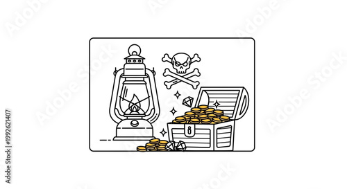 Pirate Treasure Chest overflowing with gold coins, lantern, and skull symbol