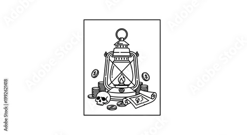 Pirate Treasure Map, Lantern, Skull, and Gold Coins - Adventure Concept