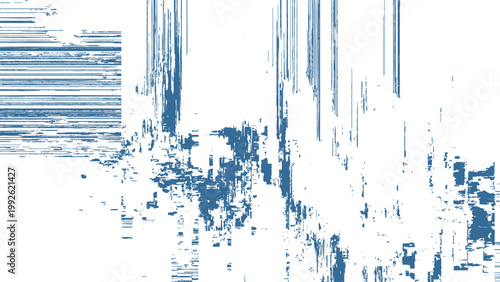 Blue glitchy digital error texture with distorted lines and pixels on white background