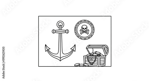 Pirate Treasure Chest with Anchor and Skull Coin - Vector Illustration