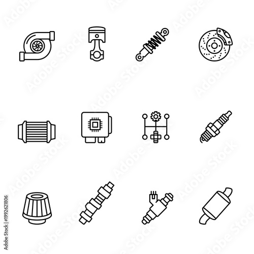 12 Automotive Engineering and Performance Parts Line Icon Set