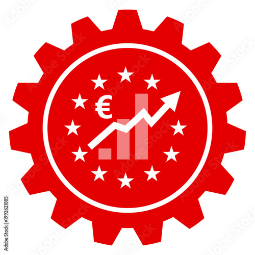 Red gear icon featuring a Euro symbol, a rising bar chart, and stars in a circle, representing European financial growth, economic development, and business management.