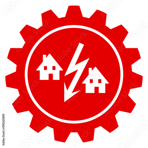 Red gear icon featuring house silhouettes and a downward lightning bolt symbol representing energy crisis power outage and electrical grid conflict or house energy loss