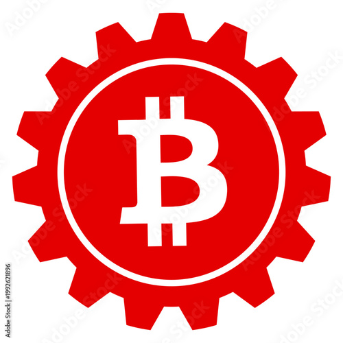 Red Bitcoin symbol inside a gear icon representing cryptocurrency settings, mining technology configuration, decentralized finance management and blockchain network operations