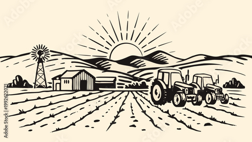 A rural scene depicts a farm with a tractor barn and windmill