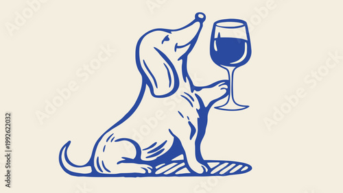 Dachshund sits upright gazing at a glass filled with red wine