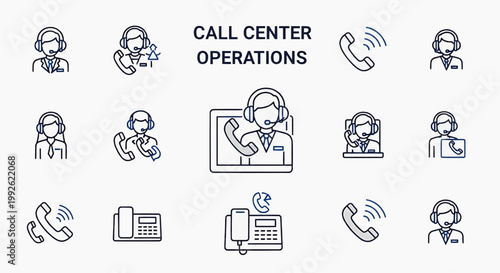 Dynamic collection of linear vector icons representing call center operations, customer support, and essential communication services for modern businesses