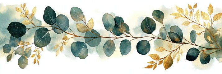 watercolor eucalyptus branches with teal round leaves and gold accents on a soft neutral background, serene elegant botanical banner